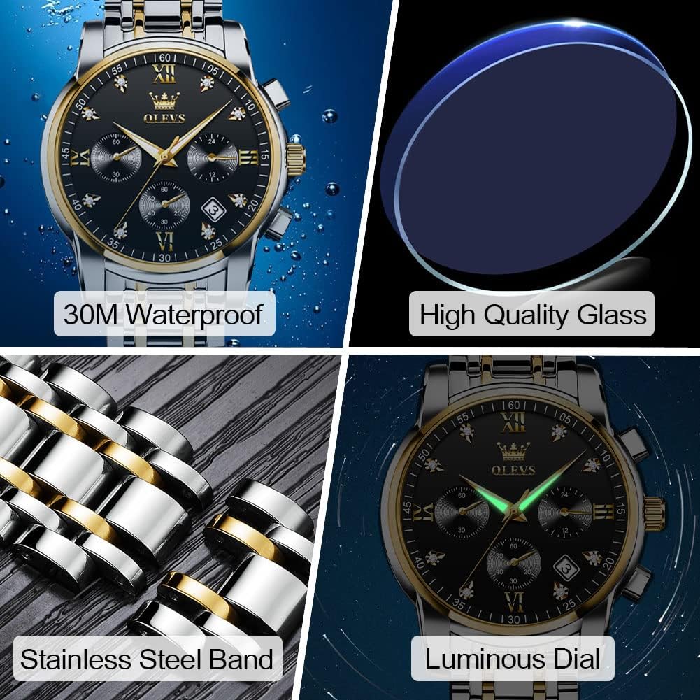 HOTOLEVS Men's Stainless Steel Chronograph Watch, Big Face Gold Silver Black Tone Easy to Read Analog Quartz Watch, Luxury Waterproof Date Diamond Roman Arabic Numerals Dial Dress Watch for Men