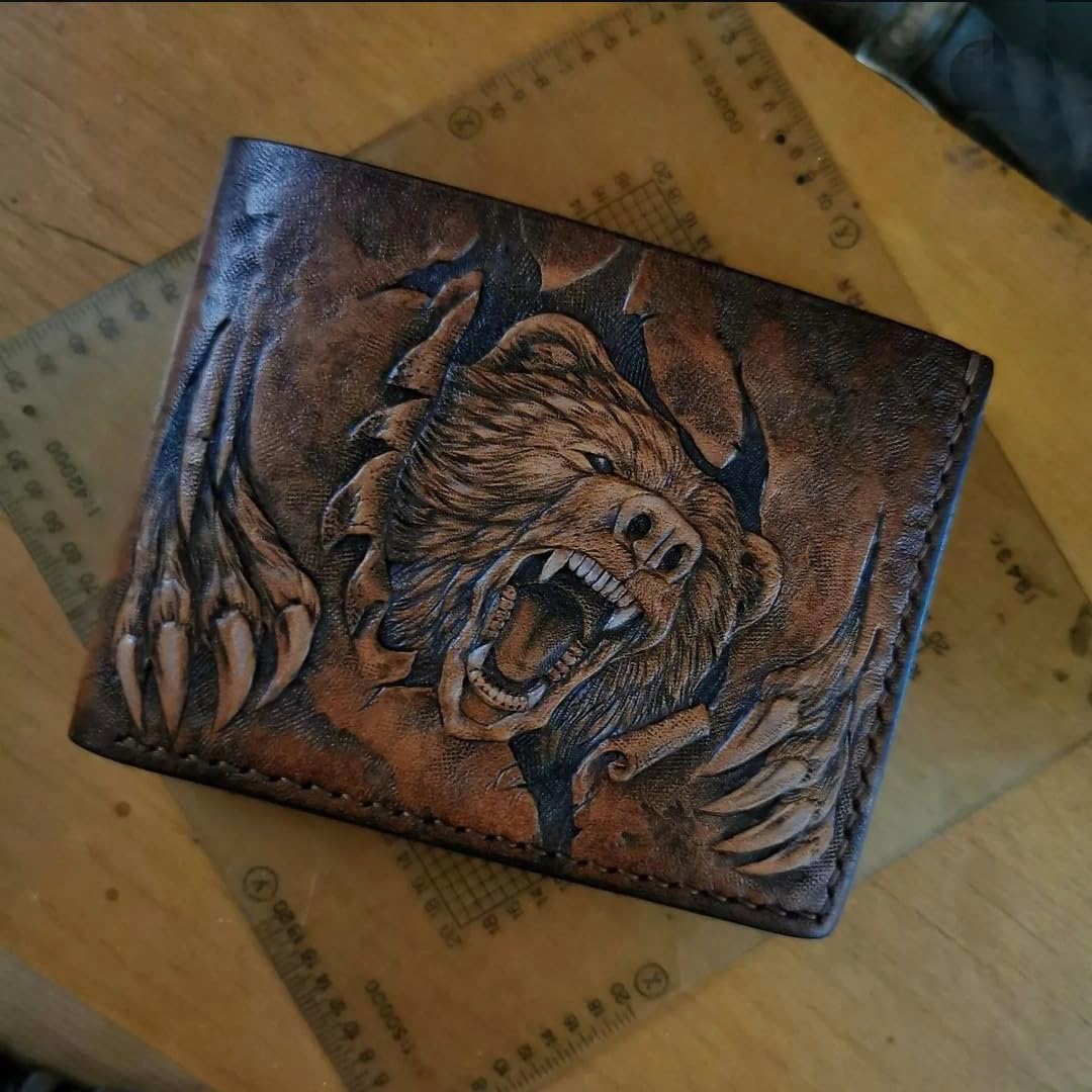 HOTGrizzly, Bear, Forest, Hunter, Hunting, Men's 3D Genuine Leather Wallet, Handmade wallet, Carved wallet, Tooled wallet, Airbrush Art, Bifold wallet, Custom wallet, Personalized wallet, A(30)