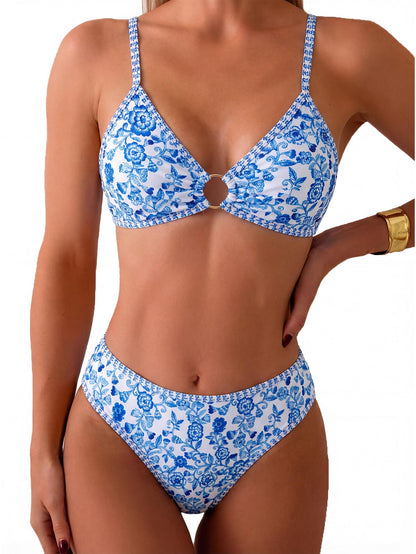 HOTTainehs Women's Two Piece Bikini Sets O Ring Front Top Ditsy Floral Triangle Swimsuits Cheeky Bathing Suit