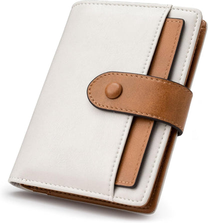HOTAlldaily Small Slim RFID Blocking Leather Wallet for Women, Bifold with 10 Card Slots and Coin Pocket (White&Brown)