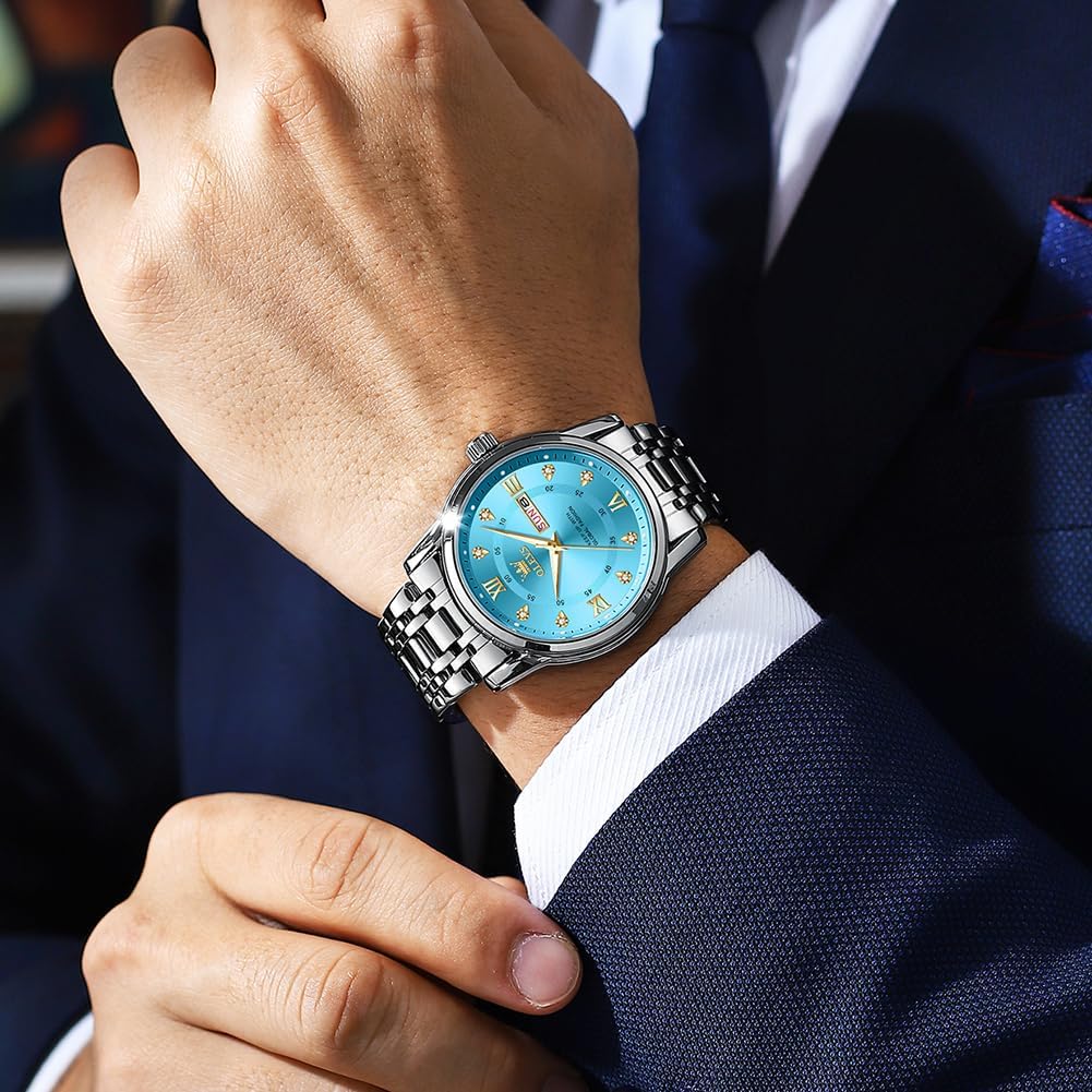 HOTOLEVS Men Watch Blue Gold Analog Quartz Stainless Steel Waterproof Luminous Date Luxury Casual Watch