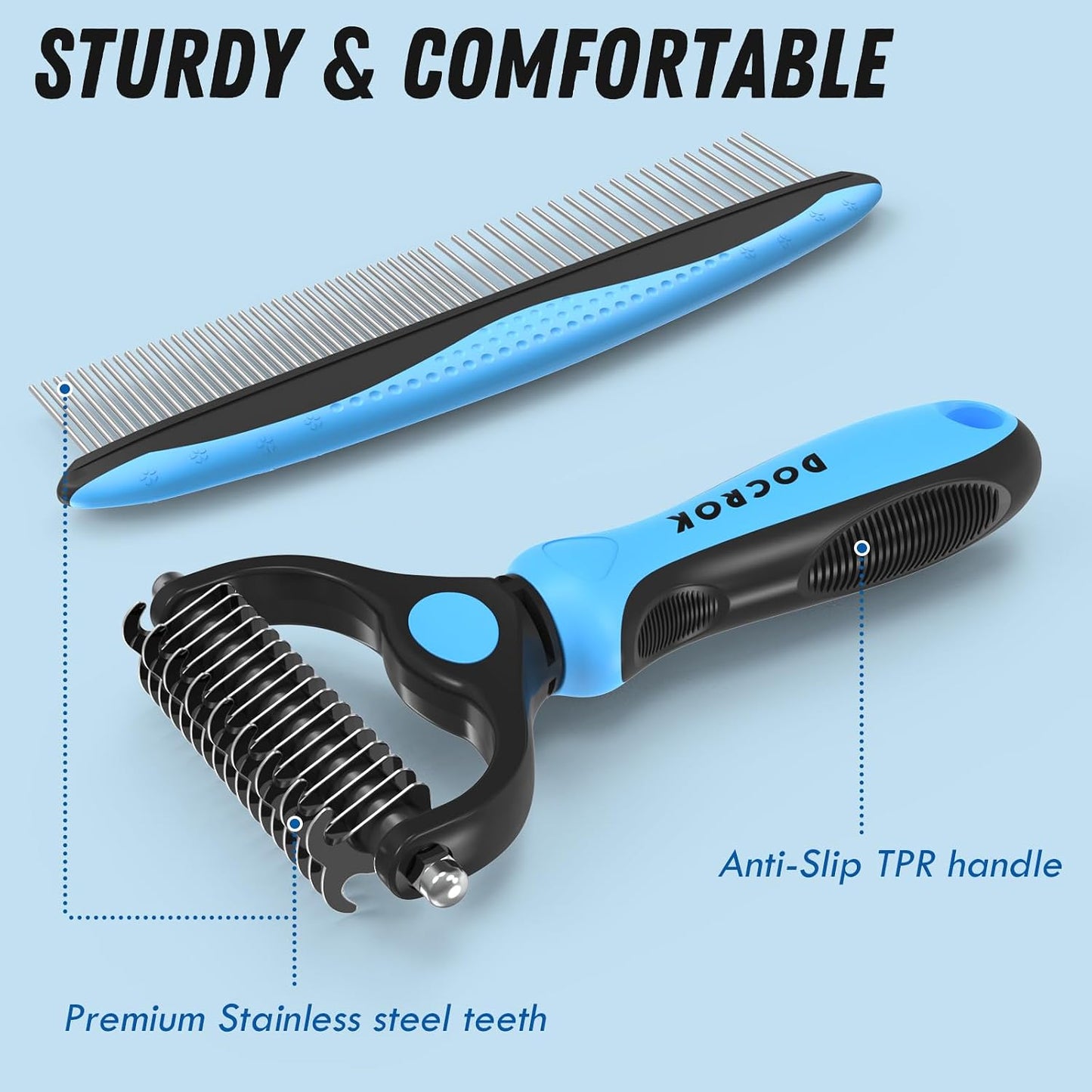 HOTDocrok Pet Grooming Combo - Blue Deshedding Brush with Metal Comb for Detangling and Dematting Long, Matted Fur on Cats and Dogs