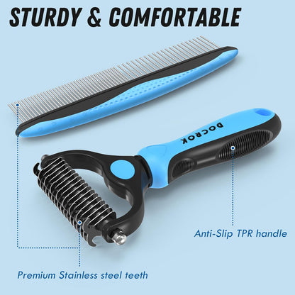 HOTDocrok Pet Grooming Combo - Blue Deshedding Brush with Metal Comb for Detangling and Dematting Long, Matted Fur on Cats and Dogs