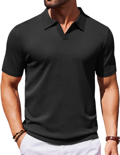 HOTCOOFANDY Men's V Neck Short Sleeve Stretch Knit Polo Shirt