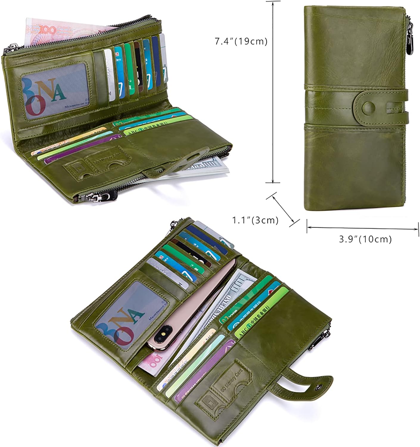 HOTmyfriday Ladies RFID Genuine Leather Wallet, Bifold Long Clutch Card Holder | 12 card slots, photo slot, bill pockets, memory-card slot and back zipper keep cash and cards slimly organized
