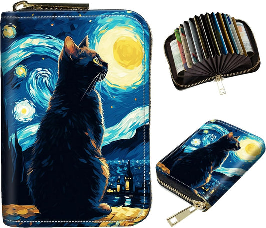 HOTCat On Starry Night Credit Card Holder for Women with Zipper Small Credit Card Wallet PU Leather RFID Blocking Wallet Card Organizer Wallets Accordion Wallets Gift for Women or Men