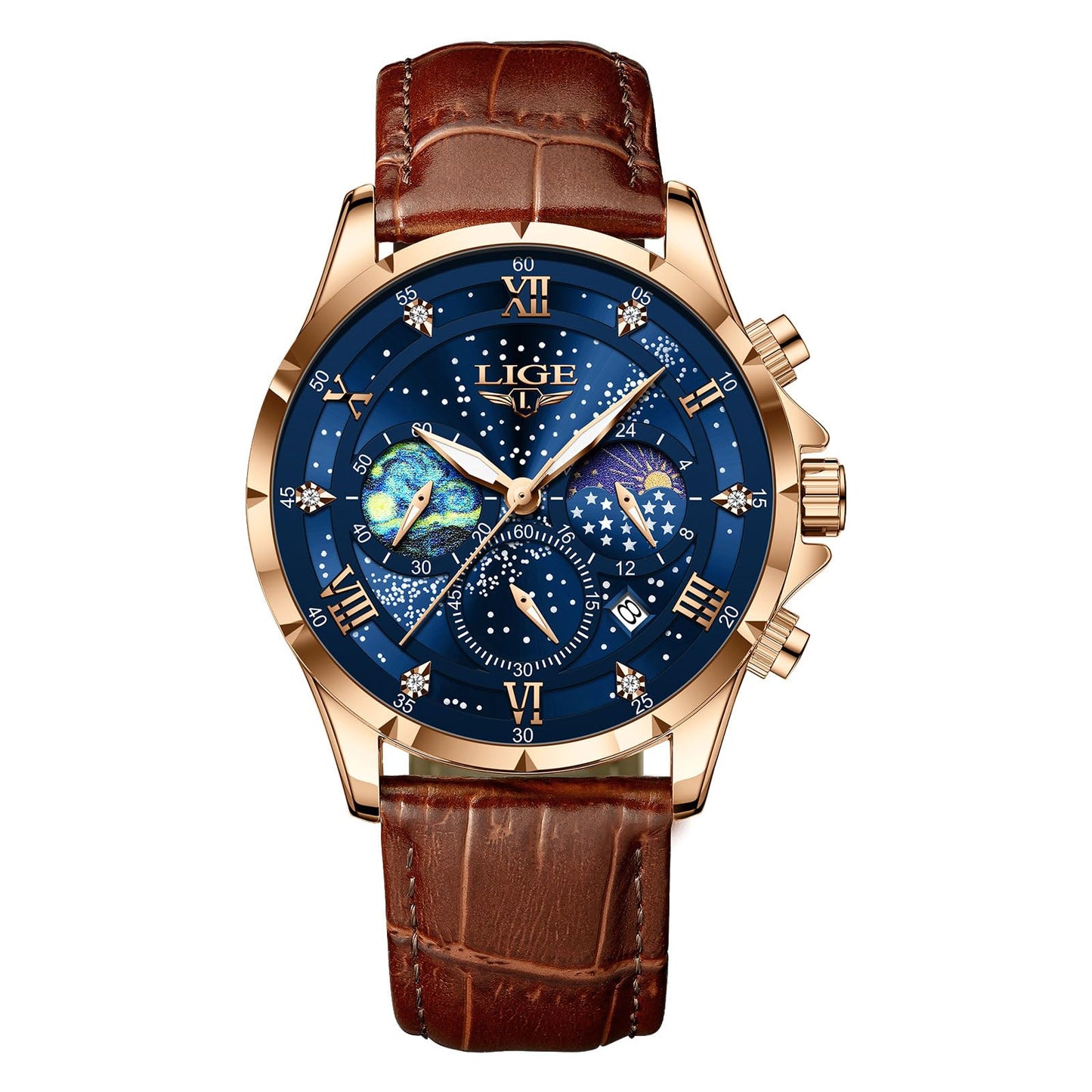 HOTLIGE Waterproof Watches for Men Analog Dress Water Proof Chronograph Work Casual Leather Water-Resistant Lunar Phase Display Quartz Wristwatch with Date & Luminous Men's Wrist Watch