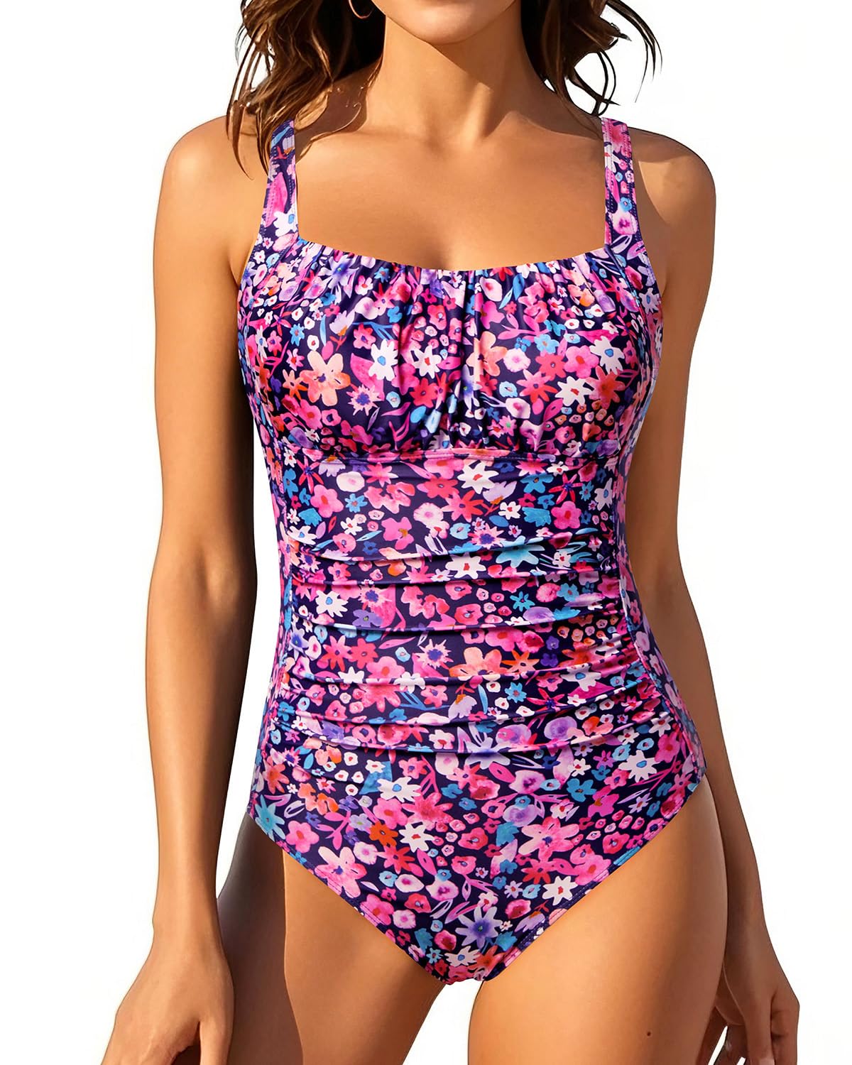 HOTOne Piece Bathing Suit for Women Tummy Control Vintage Swimsuit | Square Neck, Supportive Unremovable Cups, Ruched Design, Adjustable Straps, Full Coverage