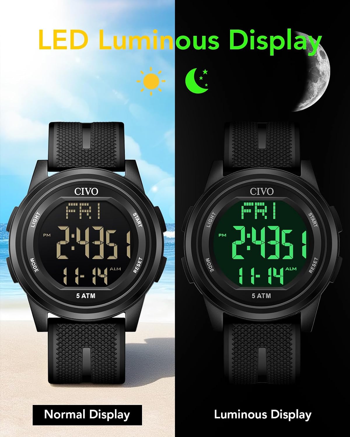 HOTCIVO Digital Watches for Women Men: Waterproof Large Dial Sports Watch 44mm | Ultra-Thin Soft Silicone Wrist Watch with Stopwatch and Alarm for Outdoor Enthusiasts - Running & Camping
