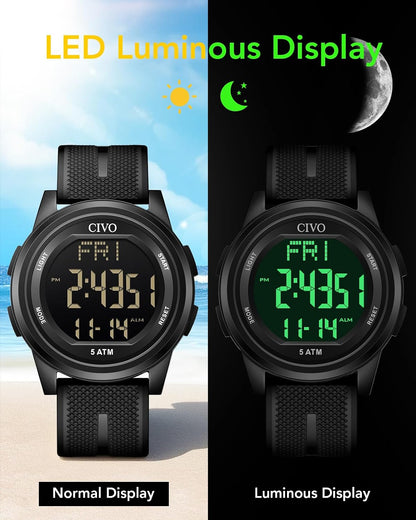HOTCIVO Digital Watches for Women Men: Waterproof Large Dial Sports Watch 44mm | Ultra-Thin Soft Silicone Wrist Watch with Stopwatch and Alarm for Outdoor Enthusiasts - Running & Camping