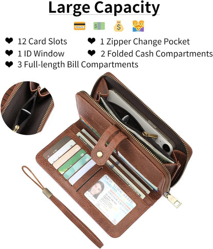 HOTGOIACII Wristlet Wallets for Women Large Capacity RFID Blocking Ladies Phone Clutch Card Holder Cow Print Brown