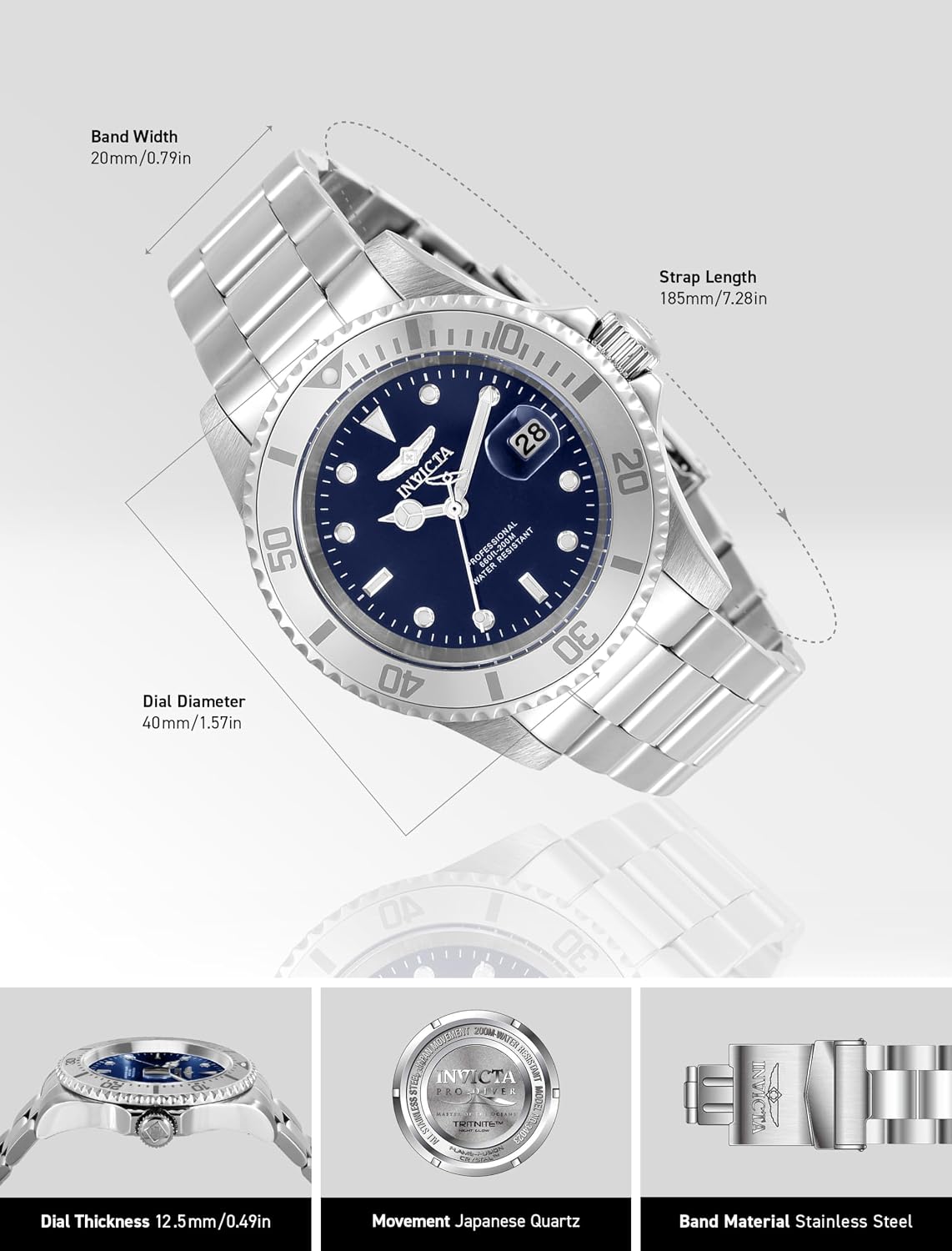 HOTInvicta 40mm Men's Pro Diver Blue Dial Silver Tone Stainless Steel Watch 34023