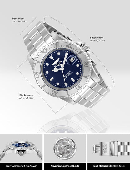 HOTInvicta 40mm Men's Pro Diver Blue Dial Silver Tone Stainless Steel Watch 34023