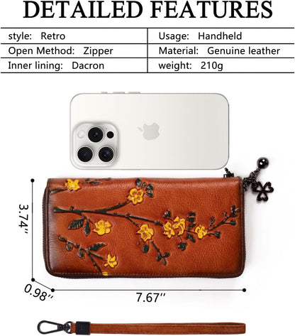 HOTWallet Genuine Leather for Women - with RFID Blocking Card checkbook ID Slot Large Capacity Vintage style (flower brown)
