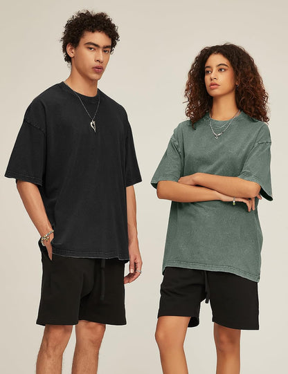 HOTFlygo 3 Pack Men Oversized T Shirts Acid Washed Unisex Tee Loose Fit Short Sleeve Casual Streetwear Baggy Basic Tops