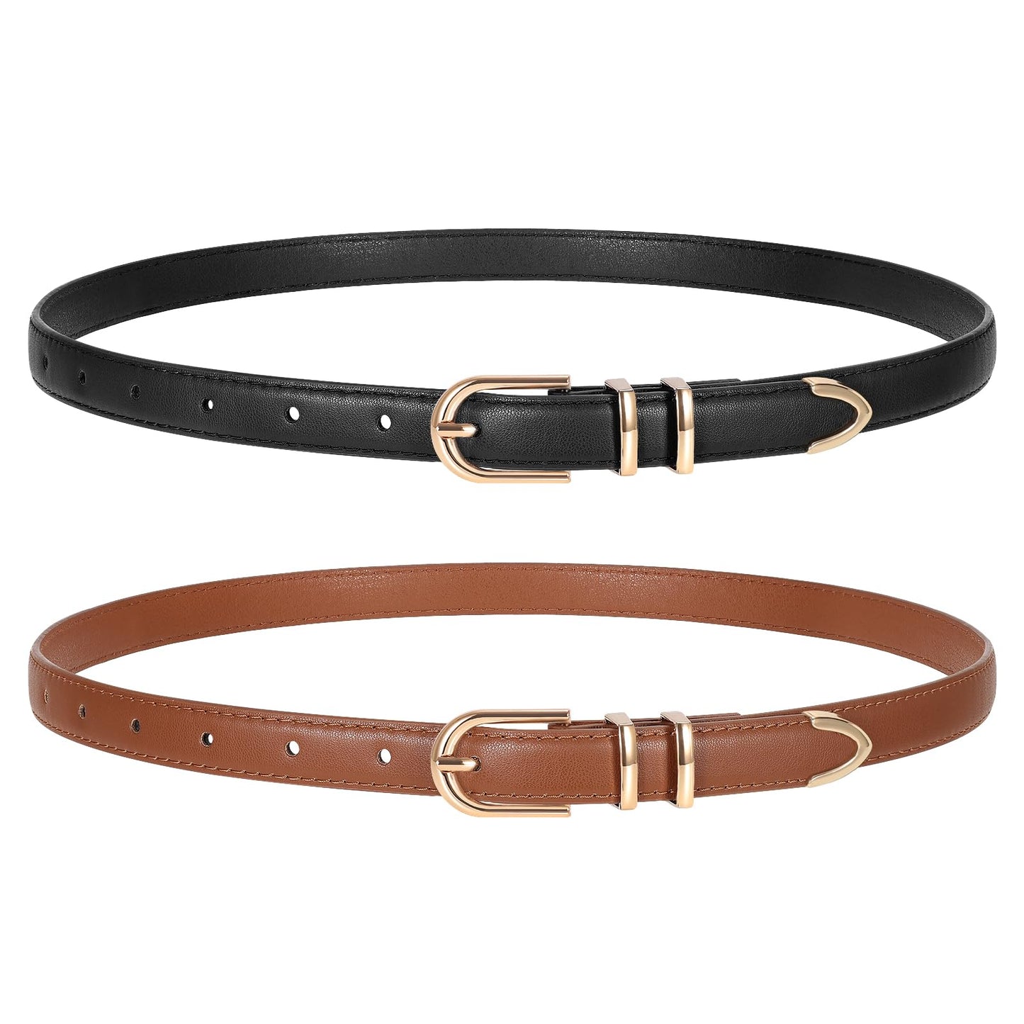 HOTTRIWORKS 2 Pack Women Skinny Leather Belts for Jeans Pants Thin Faux Leather Belt with Gold Buckle