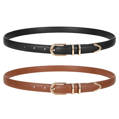 HOTTRIWORKS 2 Pack Women Skinny Leather Belts for Jeans Pants Thin Faux Leather Belt with Gold Buckle