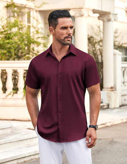 HOTCOOFANDY Men's Button Down Shirt Short Sleeve Dress Shirt Casual Beach Summer Wedding Shirt
