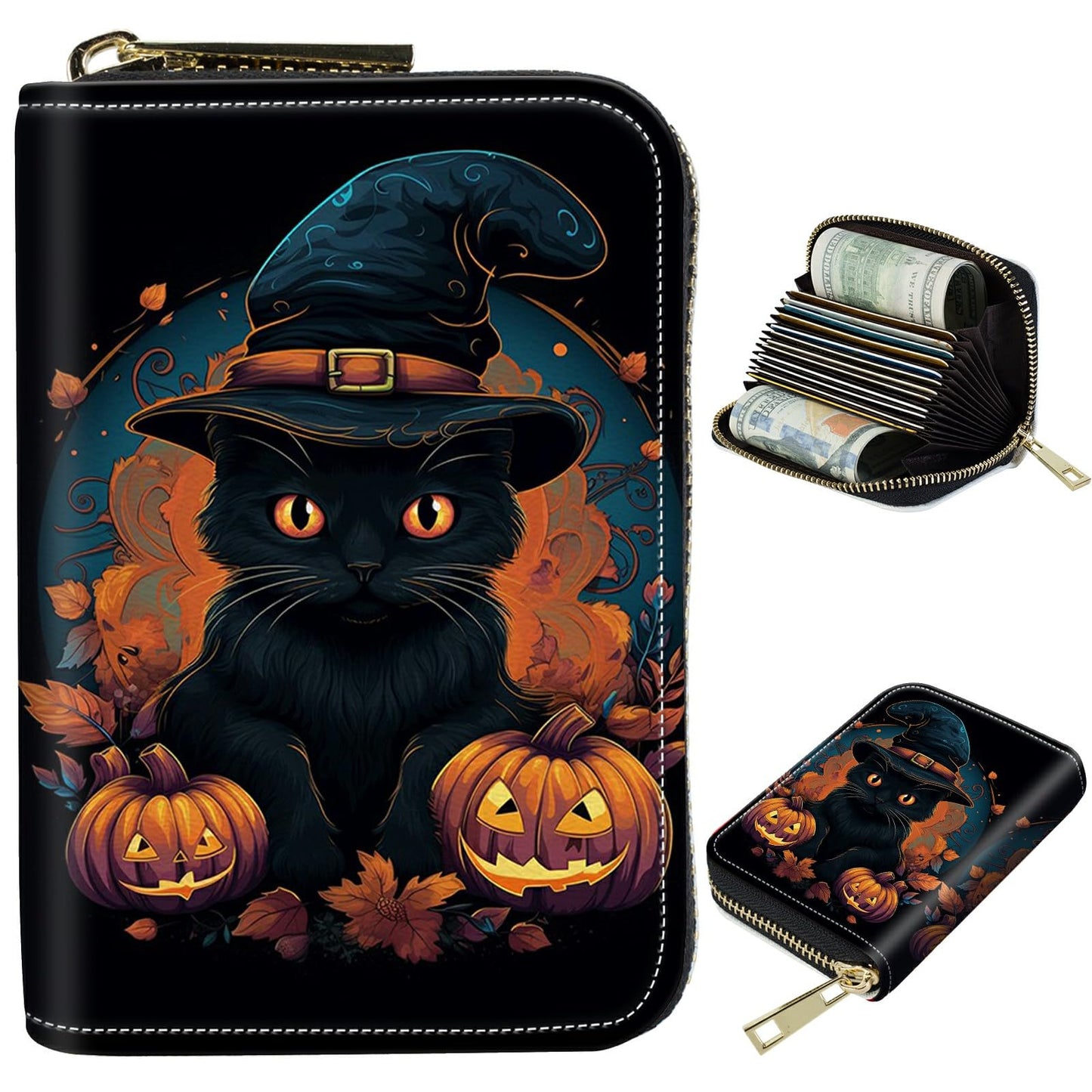 HOTCute Credit Card Holder with Zipper, Crow Skull RFID-Blocking Card Case Small Wallet for Women Men, Multi-slot Card Organizer Case Travel Accordion Wallet