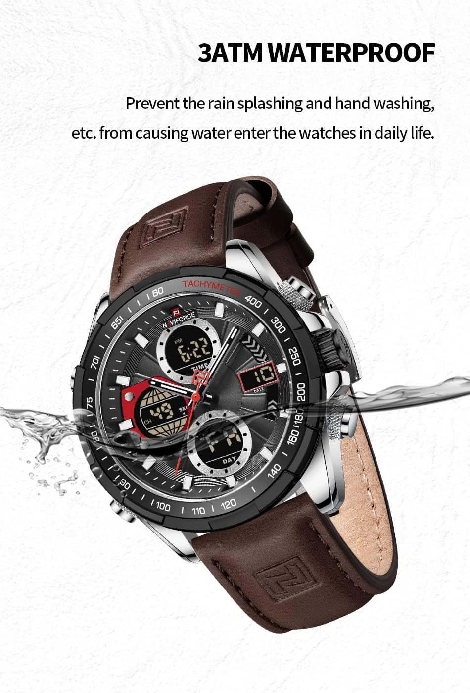 HOTNAVIFORCE Men's Military Digital Watches Analog Quartz Waterproof Watch Sport Multifunctional Leather Wristwatch