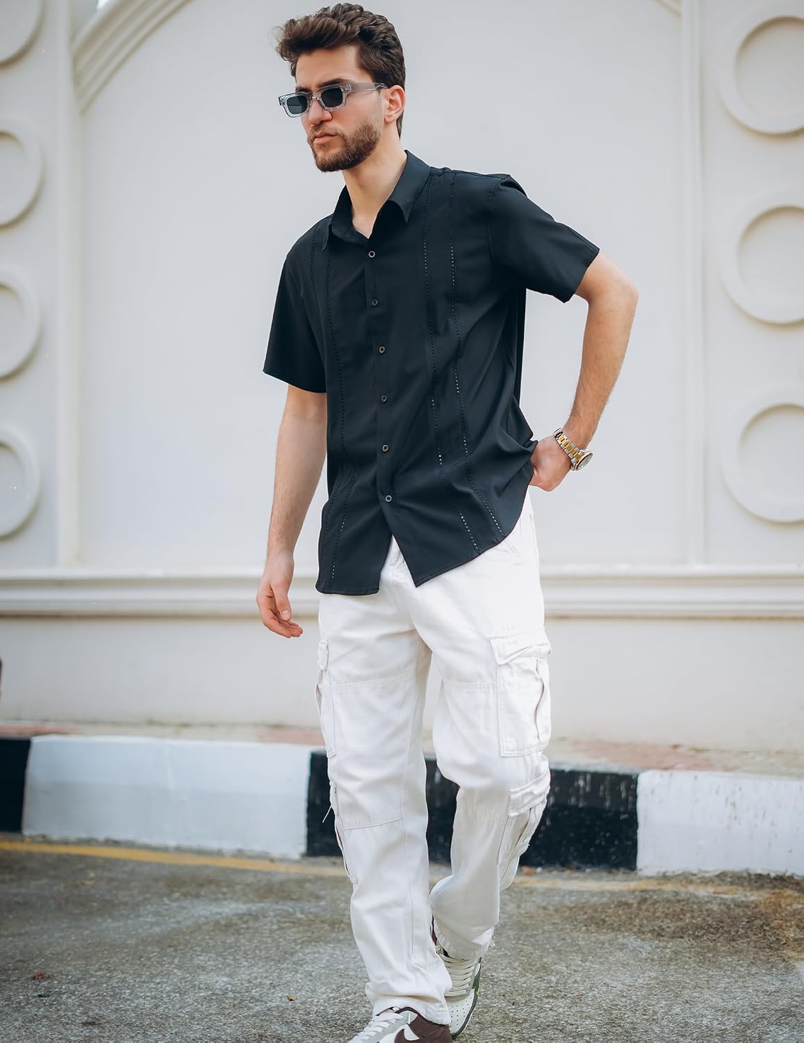 HOTCOOFANDY Mens Cuban Guayabera Shirt Short Sleeve Button Down Shirts Summer Beach Vacation Shirts