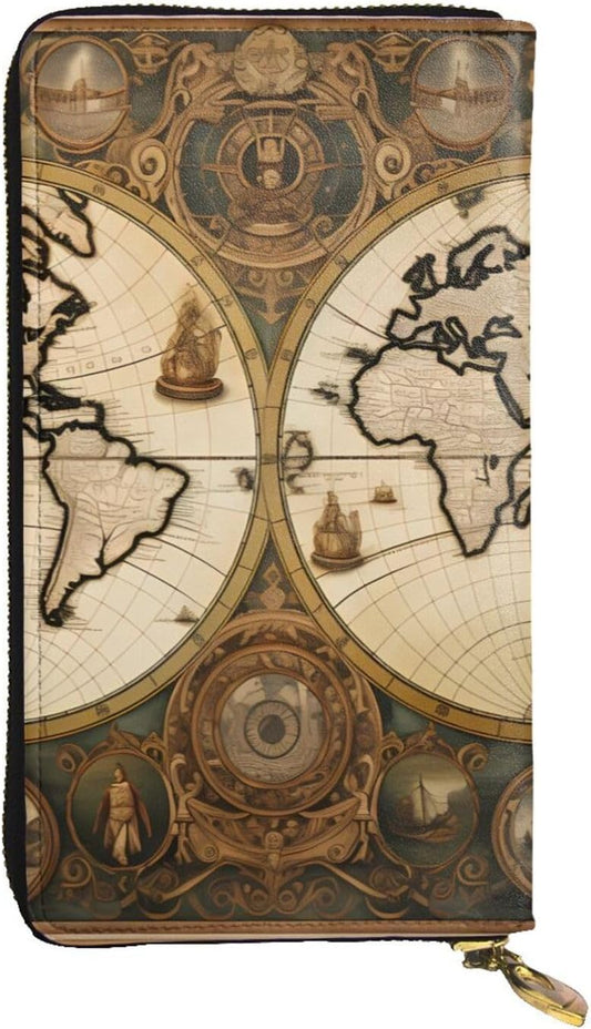 HOTBROLEO Vintage Old World map Picture Leather Long Clutch Wallet for Fashionable Girls and Women - Durable, Stylish, and Functional, Black, One Size