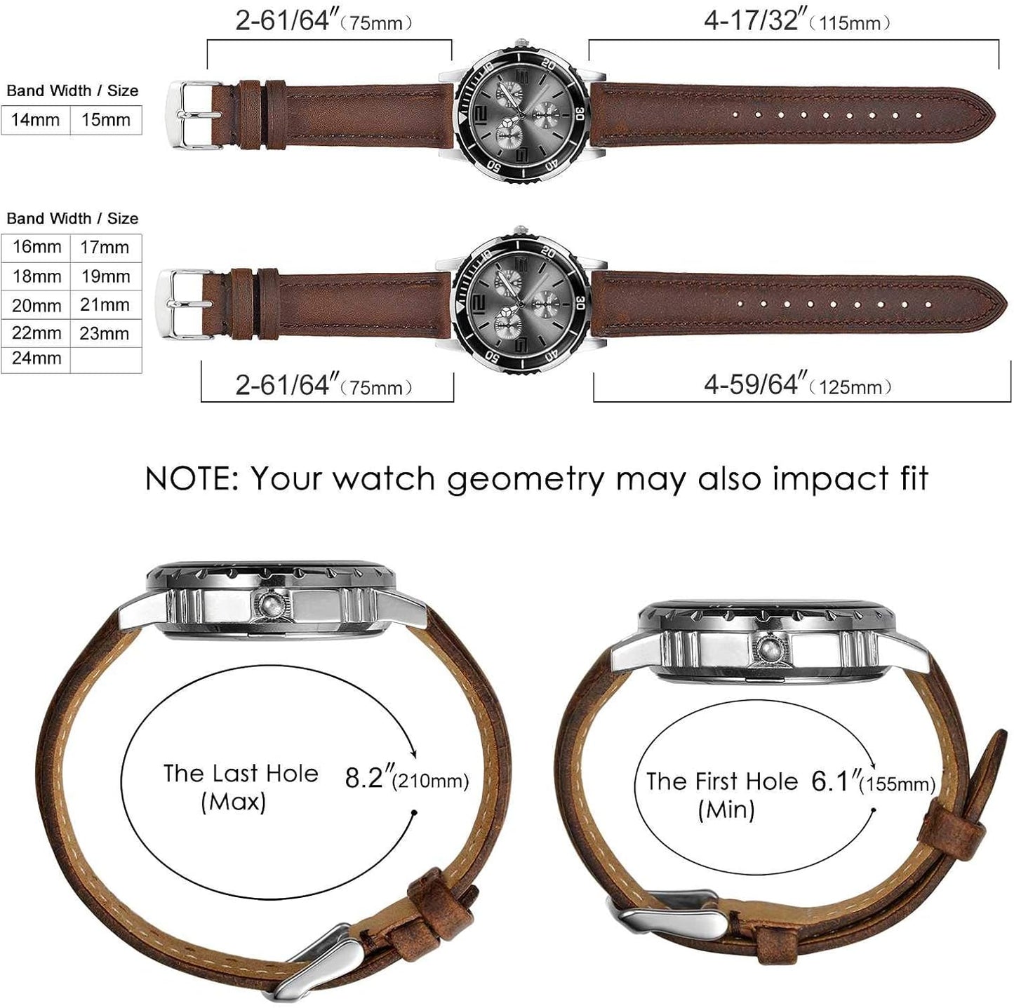 HOTBISONSTRAP Watch Strap, Vintage Leather Replacement Bracelet, Band Width-14mm 15mm 16mm 17mm 18mm 19mm 20mm 21mm 22mm 23mm 24mm