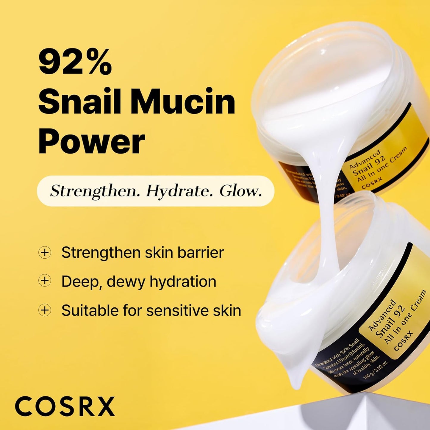 HOTCOSRX Snail Mucin 92% Face Moisturizer, 3.52 Oz, Lightweight Moisturing Cream for Soft, Glowy Skin, Korean Skin Care, Korean Moisturizer Face Cream