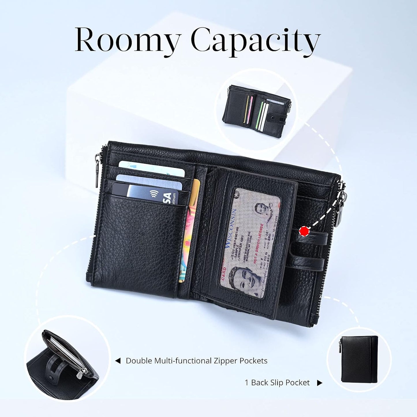 HOTBveyzi Small Soft Leather Wallet for Women RFID Blocking Ladies Card Holder with Double Zipper Pocket