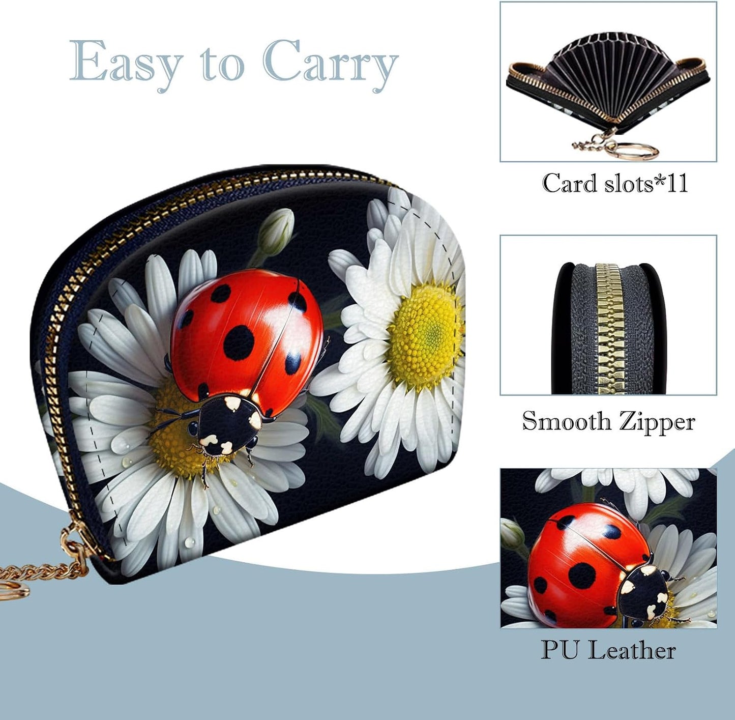 HOTWomen's Slim RFID Wallet – Compact Leather Card Holder Wallet for Women, 9 Card Slots RFID Blocking Credit Card Organizer, Small Travel Wallet - Ladybug on Daisy Flower
