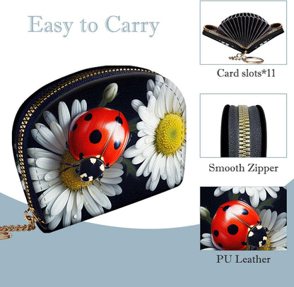 HOTWomen's Slim RFID Wallet – Compact Leather Card Holder Wallet for Women, 9 Card Slots RFID Blocking Credit Card Organizer, Small Travel Wallet - Ladybug on Daisy Flower