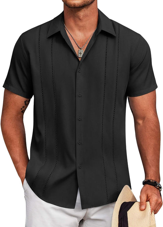 HOTCOOFANDY Mens Cuban Guayabera Shirt Short Sleeve Button Down Shirts Summer Beach Vacation Shirts