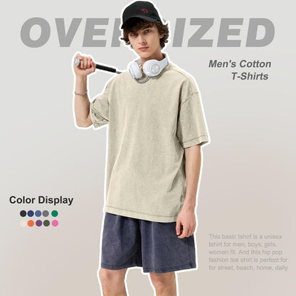 HOTMen's Cotton T-Shirts Oversized Unisex Short Sleeves Casual Loose Wash Solid Basic Tee Tops