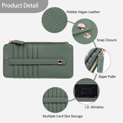 HOTJulia Buxton Vegan Leather Thin Card Case for Women with RFID Blocking, Compact Wallet with 6 Card Slots, ID Window & Zipper Pocket, Ideal Gift, Classic Sage