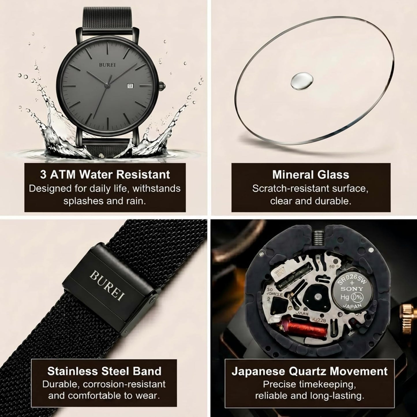 HOTBUREI Ultra Thin Minimalist Men Watch, All Black Stainless Steel Mesh Band,Analog Waterproof Casual Business Wristwatch, Gift for Father