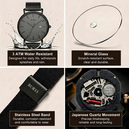 HOTBUREI Ultra Thin Minimalist Men Watch, All Black Stainless Steel Mesh Band,Analog Waterproof Casual Business Wristwatch, Gift for Father