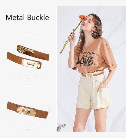 HOTANHAISHUILV Women's Skinny Leather Belt with Adjustable Golden Turn-Lock Buckle - Ideal for Dresses, Jeans, and Coats