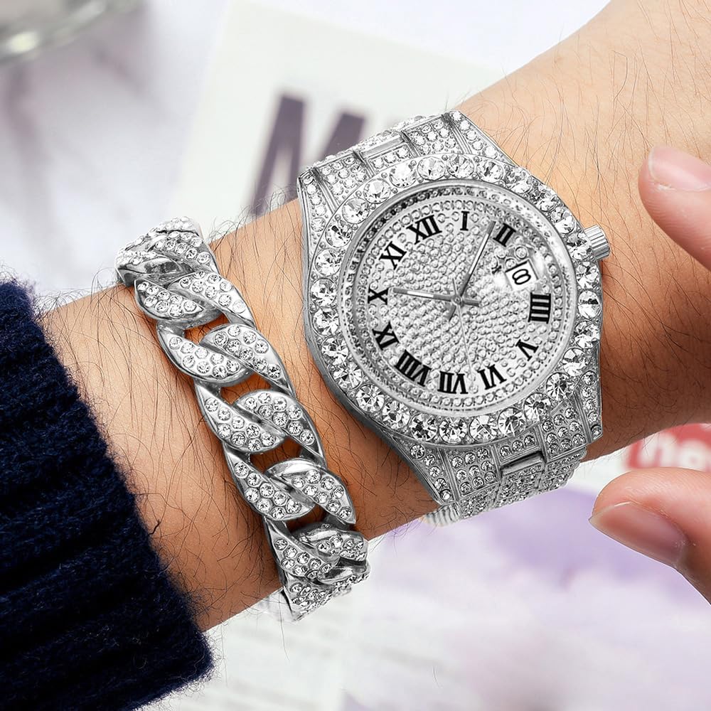 HOTHip Hop Watches for Men Iced-Out Bling Diamond Luxury Quartz Watches with Date