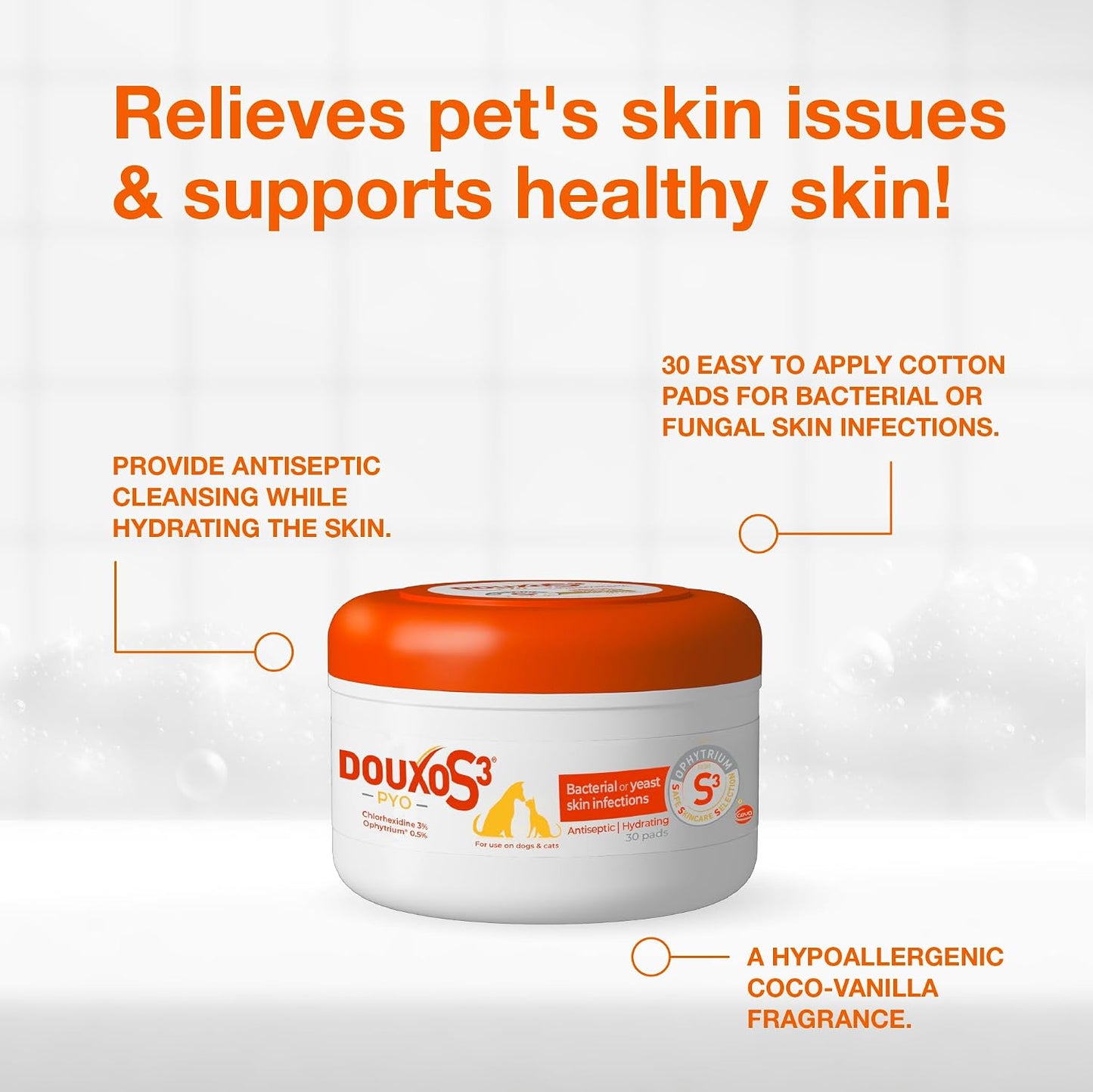 HOTDouxo S3 PYO Pads, 3% Chlorhexidine Wipes for Dogs and Cats, 30 Pads | Antiseptic Dog Wipes For Bacterial or Yeast Skin Infections, 0.5% Ophytrium, Clinically Proven