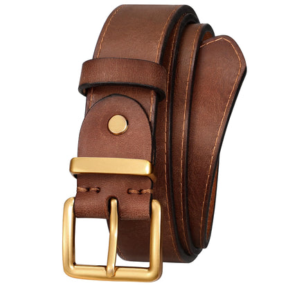 HOTWomen's Full Grain Leather Belt for Jeans Pants Real Genuine Leather Waist Belt with Matte Gold/Silver Buckle
