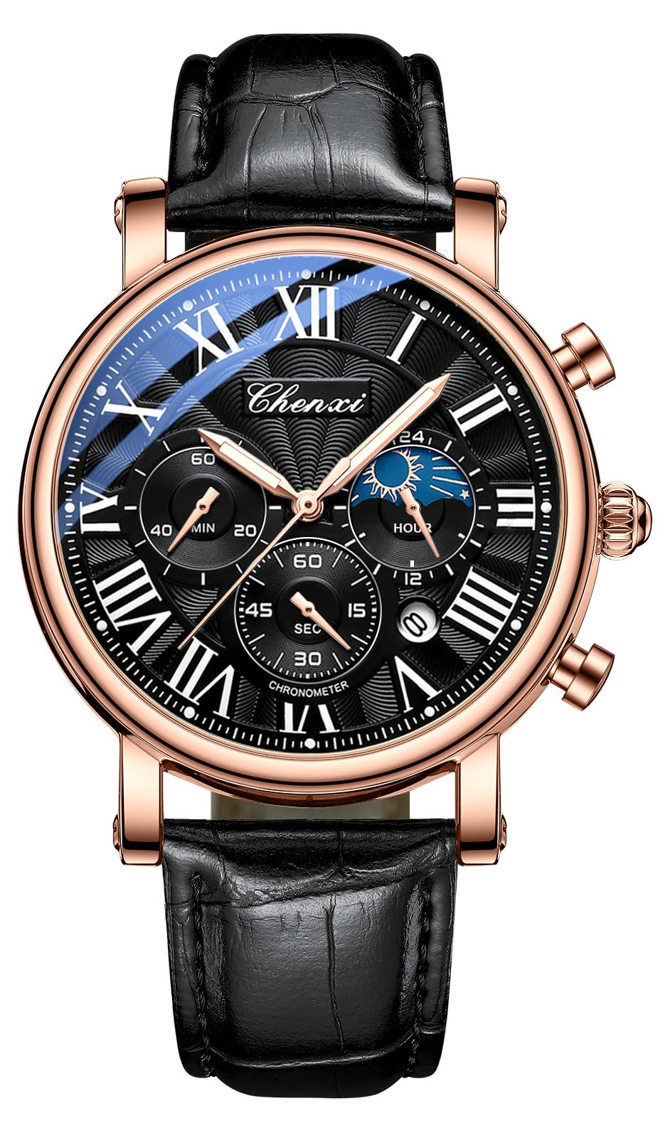 HOTFANMIS Men's Classic Watches Multifunctional Analog Watch Business Dress Waterproof Luminous Chronograph Starry Sky Moon Phase Leather Wristwatch