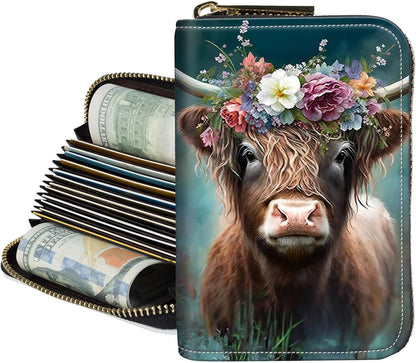 HOTCredit Card Holder for Women,Zipper 14-Slot RFID Blocking Wallet,Small Slim Cute Leather Compact Accordion Case,Business Card Holder Case,Organizer Gifts for Ladies,Cute Highland Cow
