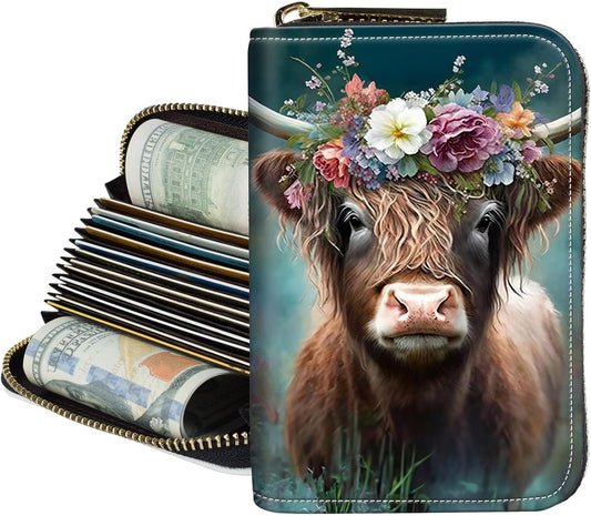 HOTCredit Card Holder for Women,Zipper 14-Slot RFID Blocking Wallet,Small Slim Cute Leather Compact Accordion Case,Business Card Holder Case,Organizer Gifts for Ladies,Cute Highland Cow
