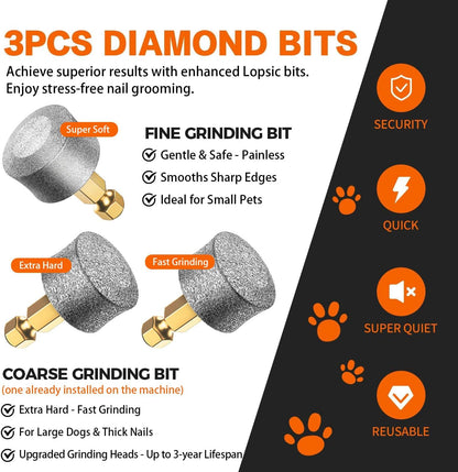 HOTWhisper Quiet Dog Nail Grinder Safe & Stress-Free for Sensitive Dogs Cats | 4 LED Lights,3 Grinding Bits, 3-Speed, Pet Nail Trimmers, Rechargeable Painless Grooming Kit for All Breeds & Sizes