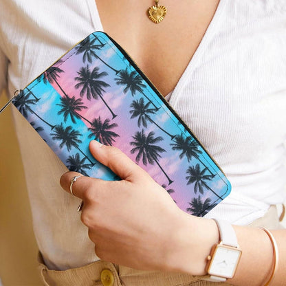 HOTUnisex Large Capacity Leather Wallet Purple Sky Palm Trees, Secure Lightweight Printed Design, Portable Purse for Daily Use & Outdoor Activities