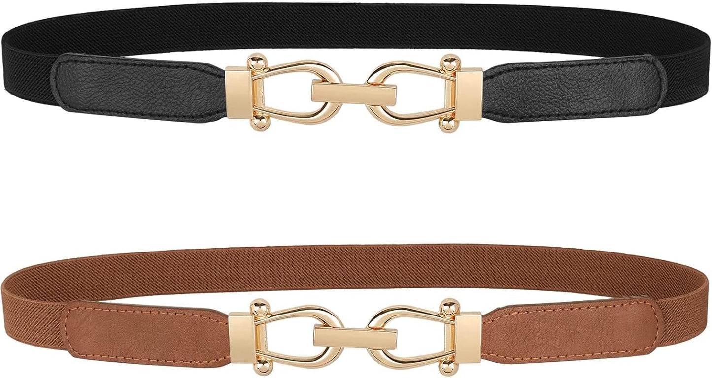 HOTJASGOOD Women Skinny Elastic Belt for Dresses,Thin Retro Stretch Waist Belt with Golden Buckle