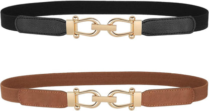 HOTJASGOOD Women Skinny Elastic Belt for Dresses,Thin Retro Stretch Waist Belt with Golden Buckle