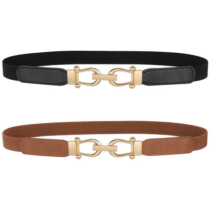 HOTJASGOOD Women Skinny Elastic Belt for Dresses,Thin Retro Stretch Waist Belt with Golden Buckle