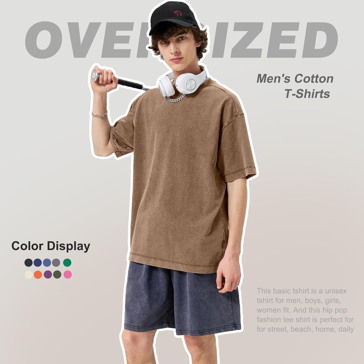 HOTMen's Cotton T-Shirts Oversized Unisex Short Sleeves Casual Loose Wash Solid Basic Tee Tops