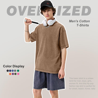 HOTMen's Cotton T-Shirts Oversized Unisex Short Sleeves Casual Loose Wash Solid Basic Tee Tops